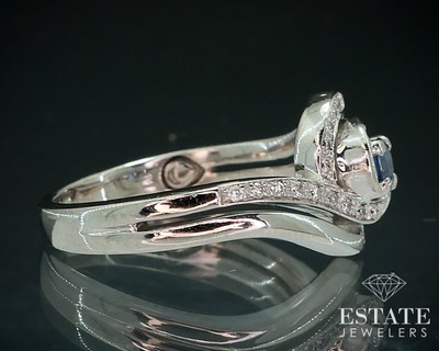 10K White Gold Engagement Ring Set - Round Blue Sapphire & White Diamond Swirl (Size 10) - View #12