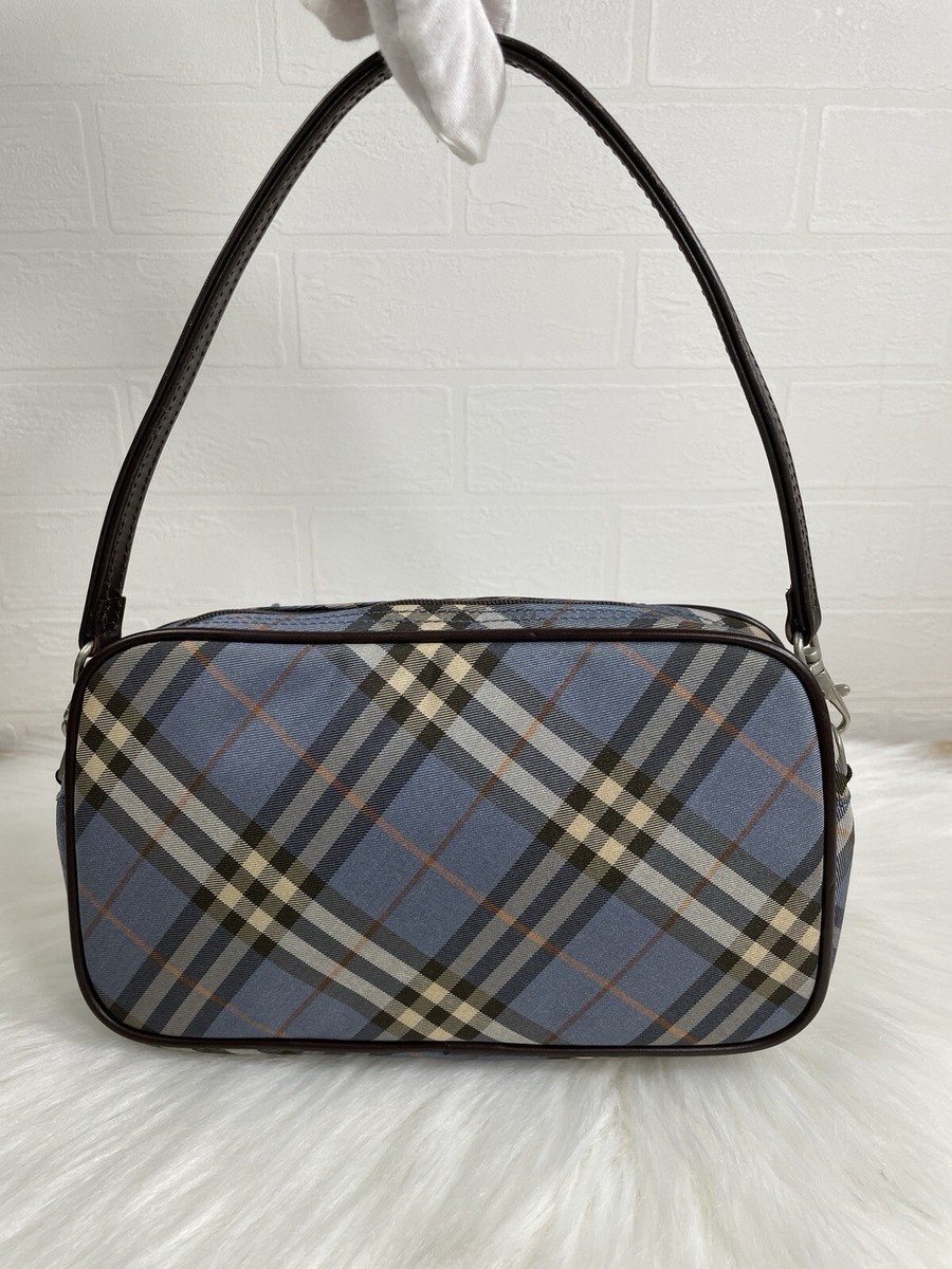 Burberry Blue Lable Hand Bag Pouch Bag Blue Check Nylon Leather