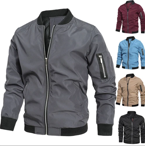NEU Herren Full Zip Bomber Jacke Leicht Windjacke Freizeit Frühling Herbst Dünn - Bild 3 von 21