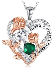 I Love You Birthstone Necklace, 925 Sterling Silver Heart Pendant 04-05-Apr-May