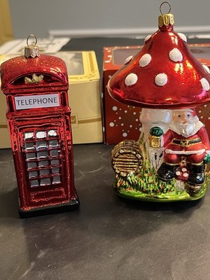 Poland Glass Santa Under Mushroom & Telephone Booth Ornaments 2pc - IOB