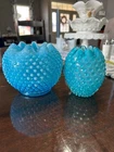 Vintage Fenton Blue Opalescent Hobnail Glass Rose Bowl Vase & Unmarked Blue Hob