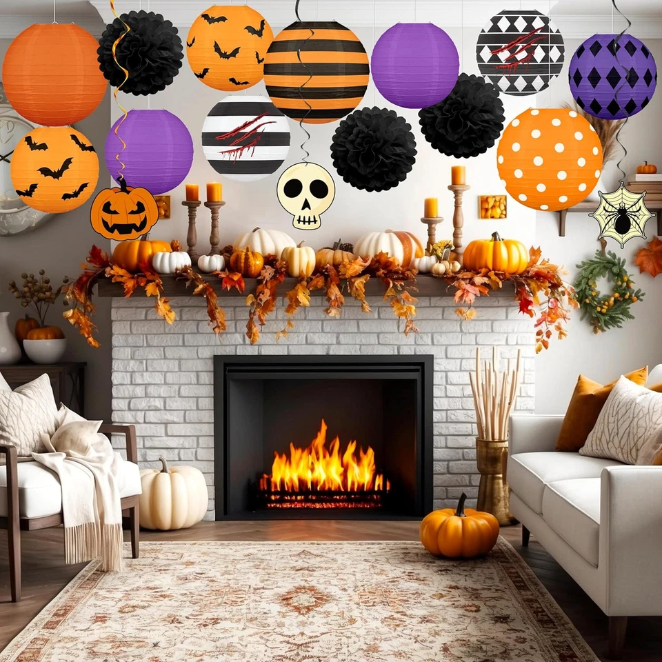  16 piezas decoraciones de Halloween linternas de papel pompones remolinos colgantes - diciembre aterrador Foto 2 de 4