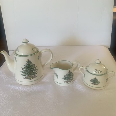 Vintage Spode  Christmas Tree Teapot Creamer & Sugar Set  Preowned S3324-A6 5pcs