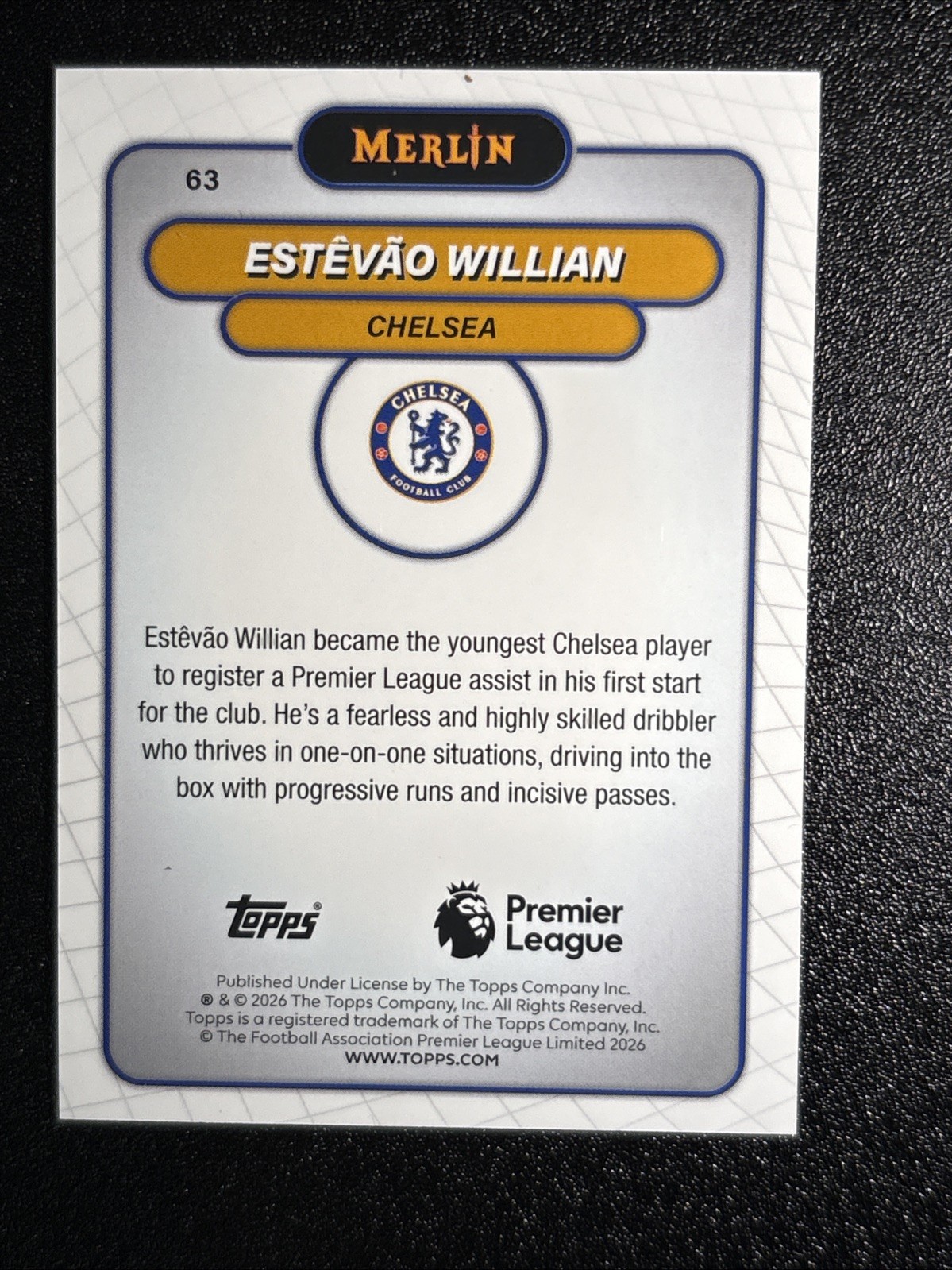 2025-26 Topps Merlin Premier League Estevao Willian Blue Mojo /150 view 4