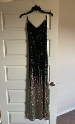 City Triangles by Mac Duggal Emerald Green/Gold Sequin Gown-Open Back-Worn Once