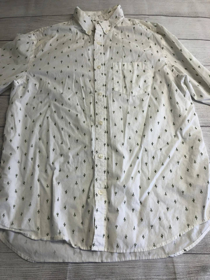 Old Navy Shirt Mens XL Tall White Green Cactus Print Button Down Built-In Flex - Image 2 of 4