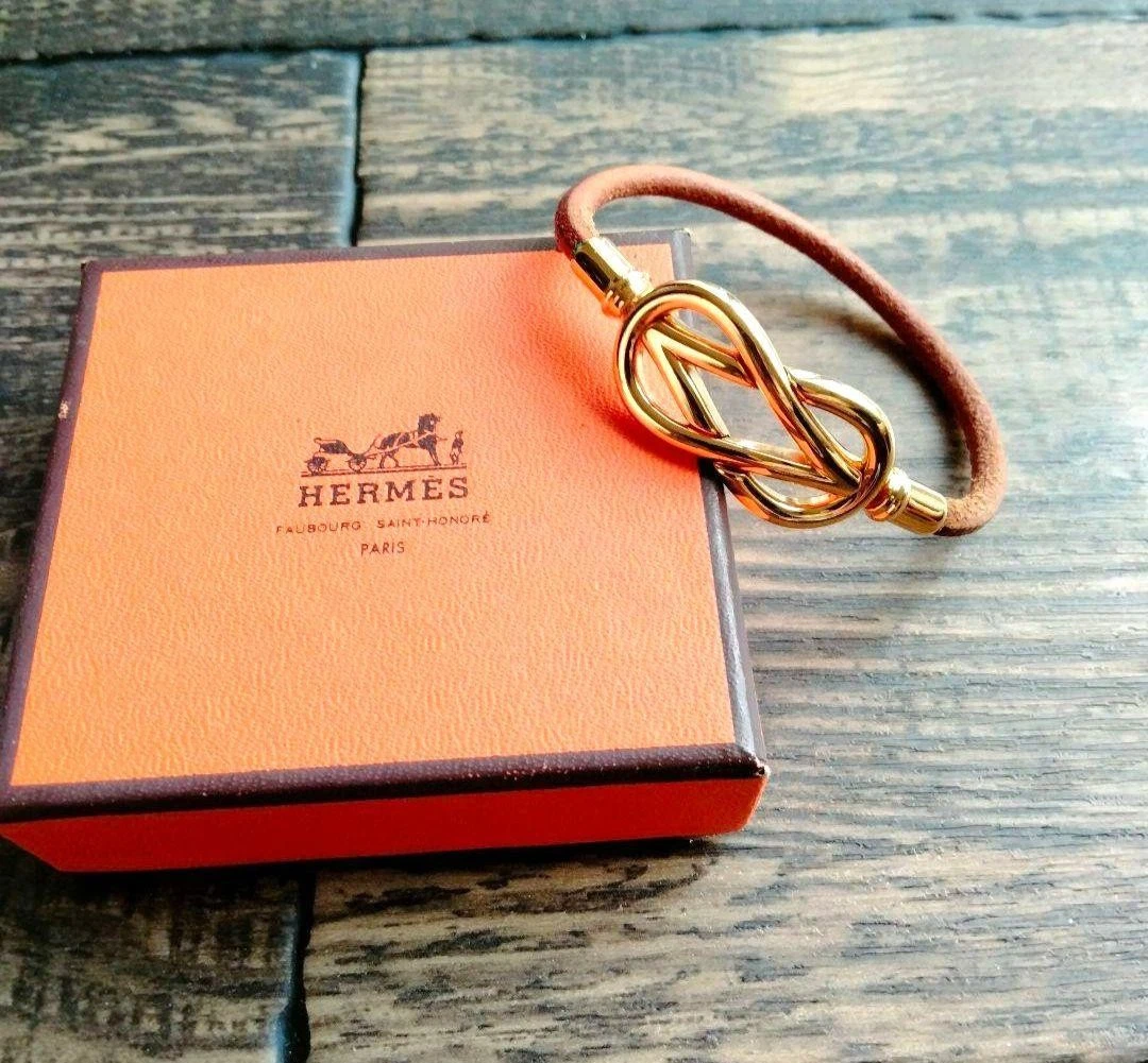 HERMÈS Bracciale Hermes Atame in pelle marrone oro ferramenta 8 pollici