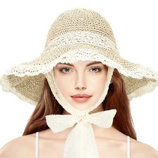 Women Straw Sun Hat with Lace Foldable Beach Hat Paper Straw Lace Edge Beige