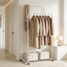 Rolling Clothes Rack Freestanding Closet Garment Rail Hat Bags Hooks with Shelf