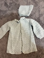 Vintage Crochet Baby Set Cardigan Sweater Bonnet Blue Handmade