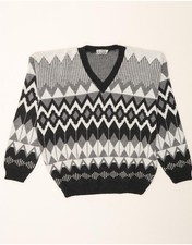 VINTAGE Mens V-Neck Jumper Sweater XL Grey Geometric Acrylic BC02
