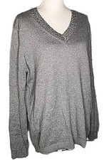 • Lands End Women's Long Sleeve V-Neck Sequence Sweater Size Large 14-16 Gray