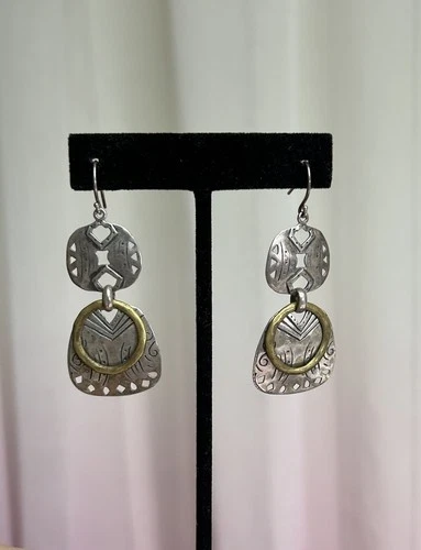 Vintage 925 Sterling Silver Thailand Dangle Earrings Brass Ring Boho 2”