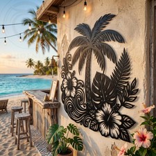 Tropical Palm Tree Metal Wall Art, Hawaiian Beach Decor, Coastal Metal Sign