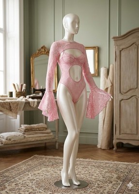 Exquisite 2-Piece Pink Lace Lingerie Set - Cut-out Bodysuit & Flare Sleeve Bolero