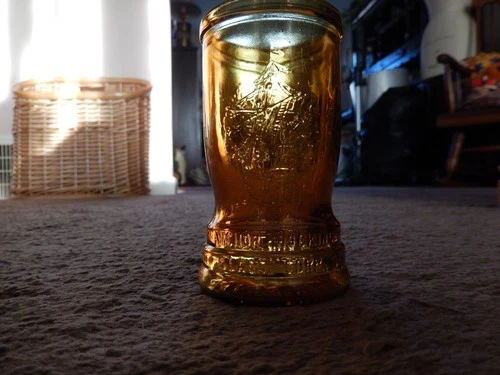 Vintage Anchor Hocking Tercentenary Amber Juice Glass 4oz. 1964 SALEM OAK