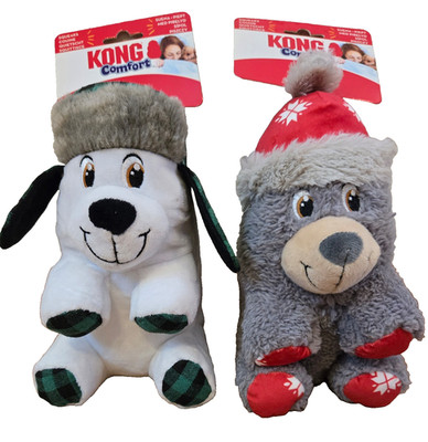 Kong Comfort Holiday Bear & Puppy - Cute Dog Toys with Squeaker & Crinkle