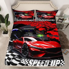 Twin Size Red Sports Car Bed Sheet Set for Boys  Girls, Race Car Bedding wit...