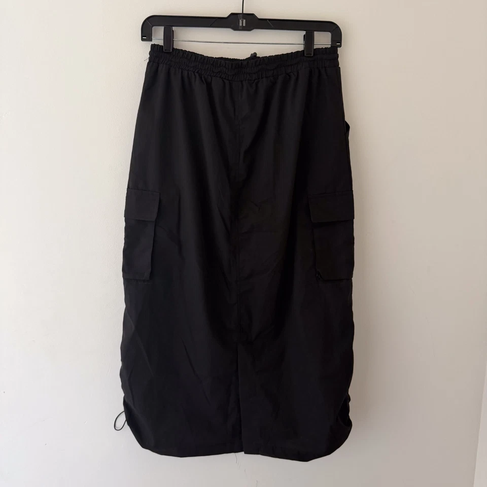 Black Cargo Parachute Skirt Drawstring Hem Y2K Grunge Cyber Punk Utility L - Image 2 of 4