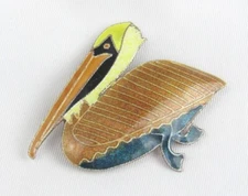 Vintage Cloisonne Enamel Sterling Silver Pelican Brooch Pin