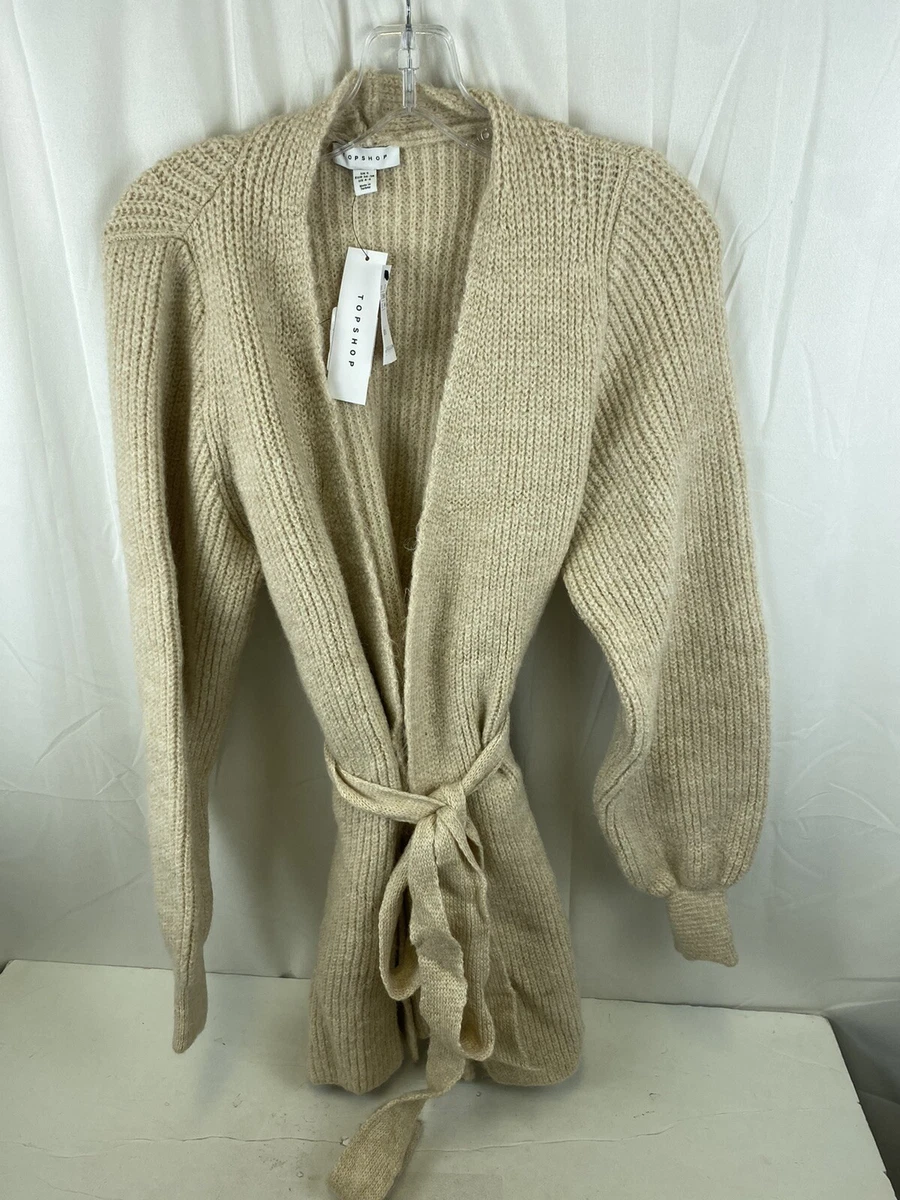 Topshop Women s Balloon Sleeve Knitted Belted Cardigan Beige Medium