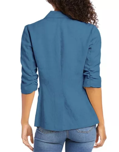 Mujeres Blazer de Algodón Manga 3/4 Acanalado Forrado Traje Informal Elegante Chaqueta de Trabajo Asiática - Imagen 12 de 33