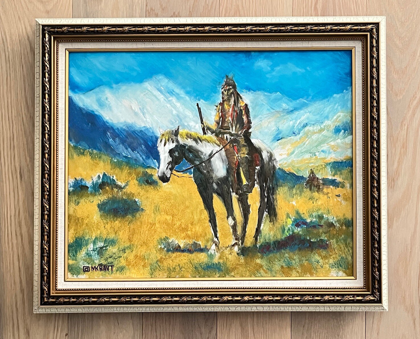 Original Western Oil Painting Native American Horse Rider Gold Accent ...