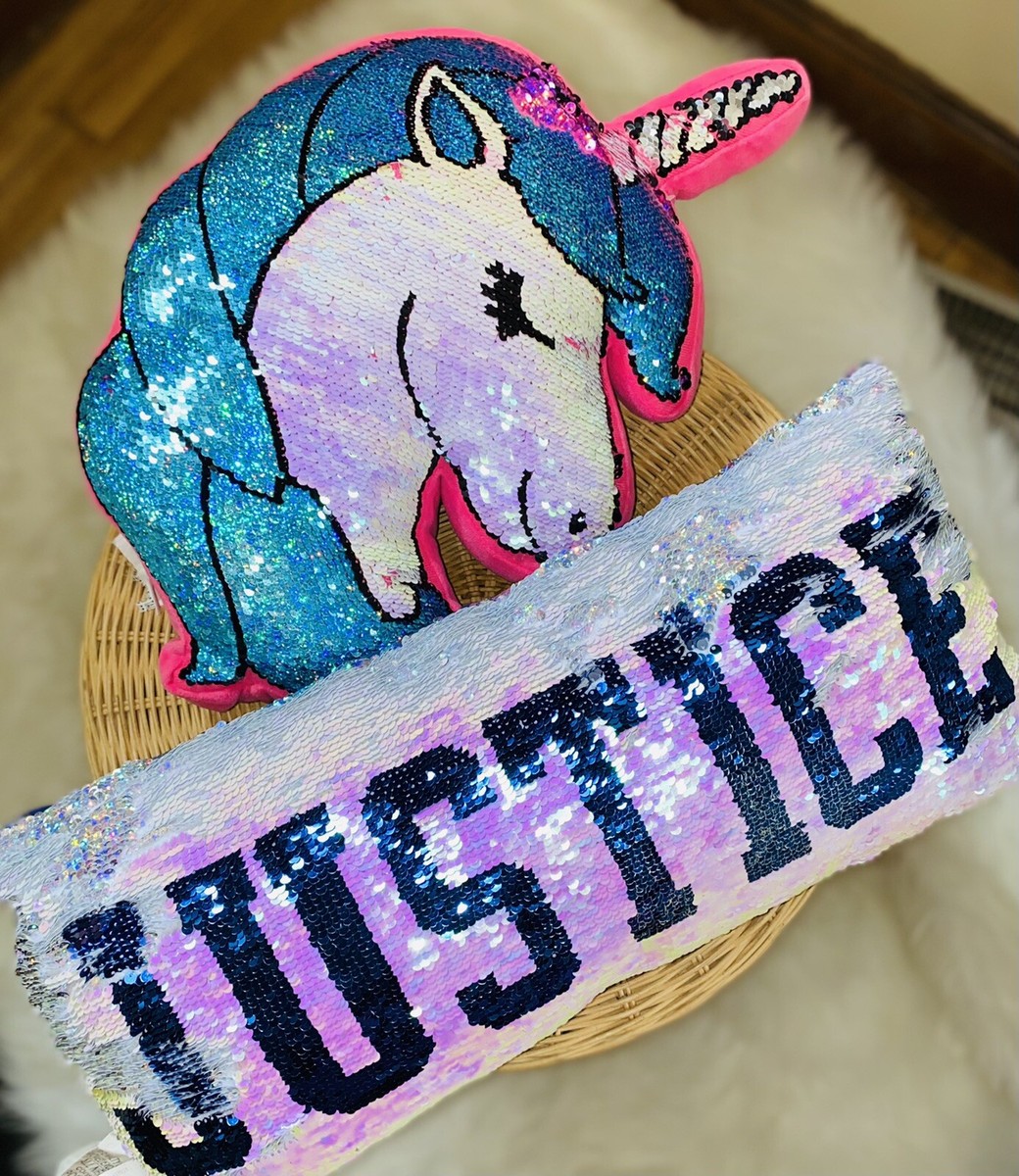 Justice Flip Sequin Unicorn and Jusice Logo Decorative Pillows