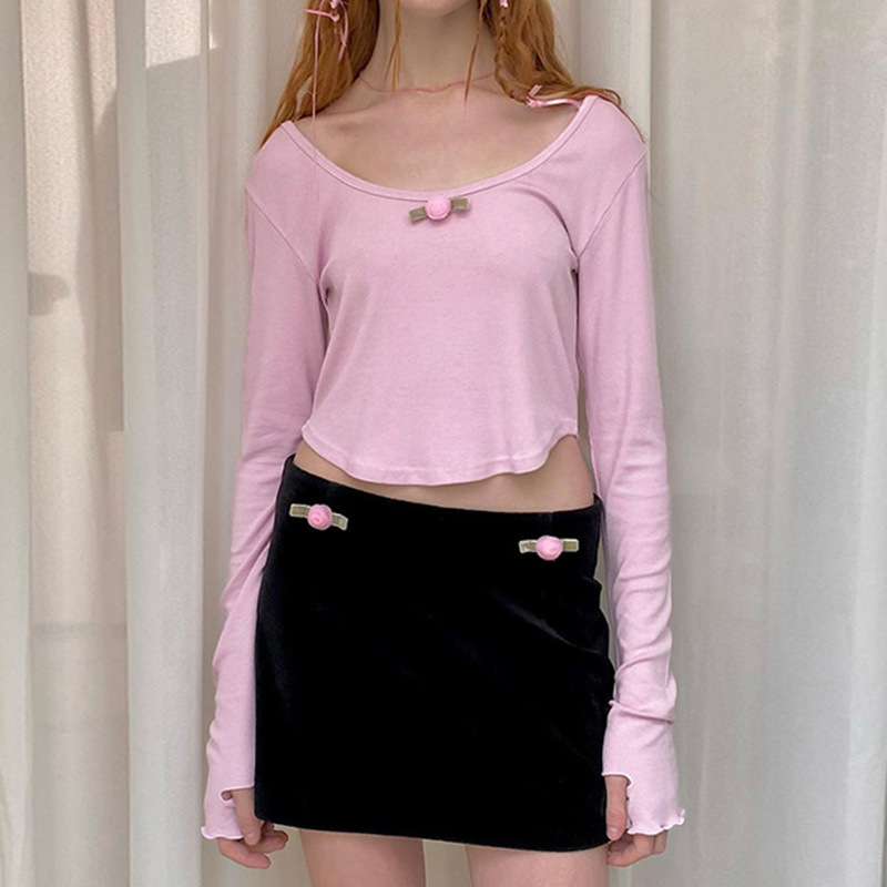 Women's Pink Splicing Bottoming Solid Color Casual Long-sleeved T-shirt Top