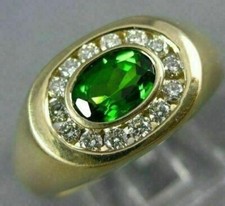 ESTATE 1.25CT DIAMOND & AAA GREEN GARNET 14KT YELLOW GOLD OVAL CLASSIC MENS RING