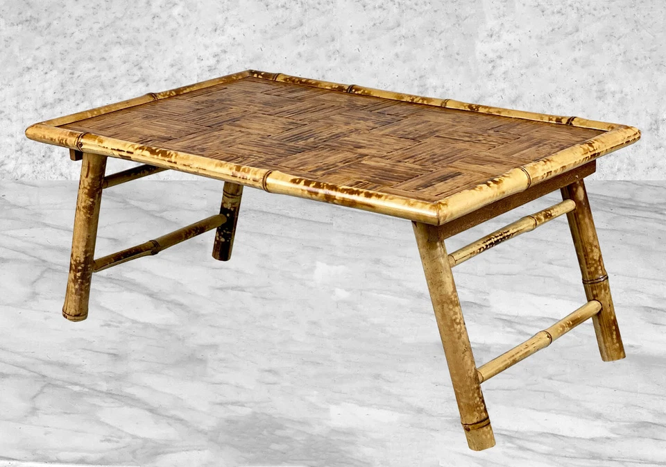 Vintage Boho Coastal Rattan Folding Bamboo TV Stand Plant Table - Image 4 of 4