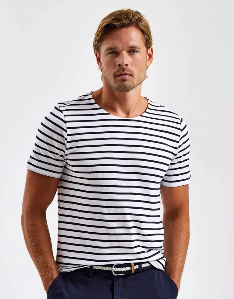 Camiseta Para Hombres Bretón Rayas Manga Corta Camiseta Ancho Cuello Redondo Informal Algodón Top Foto 3 de 4