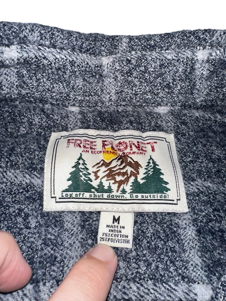 Free Planet Shirt Mens Medium Gray Check Flannel Cotton Polyester Button Up - Image 3 of 4
