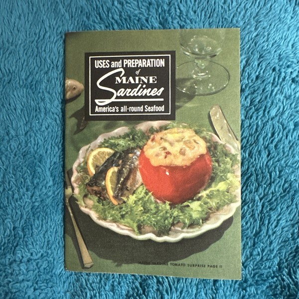 Usos y preparación de sardinas de Maine mariscos de América folleto de recetas vintage