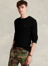 Polo Ralph Lauren Black Men's Large  Cable Knit Crew-Neck Pullover Sweater NWT 