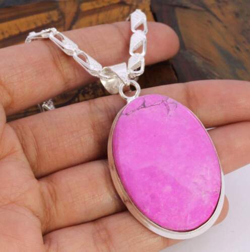 Color Boost Pink Howlite 925 Silver Plated Handmade Necklace of 20" - Photo 1/3