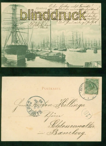 Hamburg Black Postcard Sailing Ship Port on the Veddel II 1899 to Bamberg (d8975)