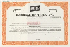 Hardinge Brothers, Inc. Stock Certificate.