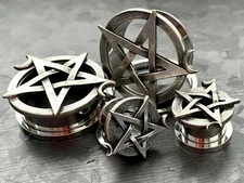 PAIR Pentagram Steel Screw Fit Tunnels Plugs Star Moon Wiccan Earlet Gauges