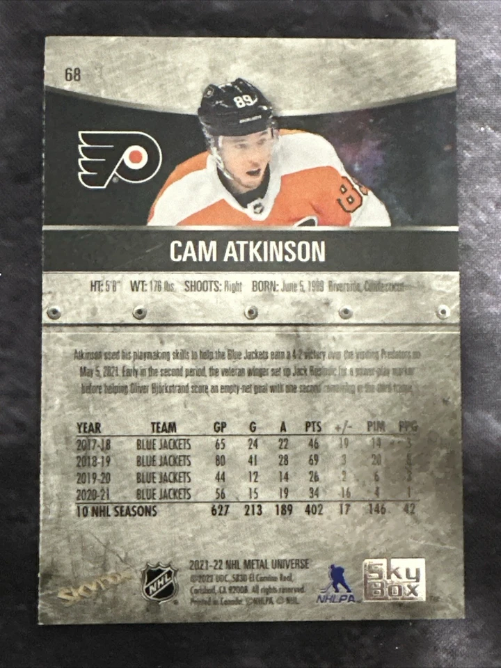 2021-22 Metal Universe Blue Spectrum 68 Cam Atkinson Philadelphia Flyers - Image 2 of 2