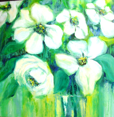 Weiße Blumen in Vase Original Ölgemälde Floral Wandbild Leinwand 20x20 cm