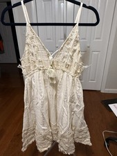 Sundress Natural Beaded Tasseled Fringe Layered V-Neck Strappy Short M Women