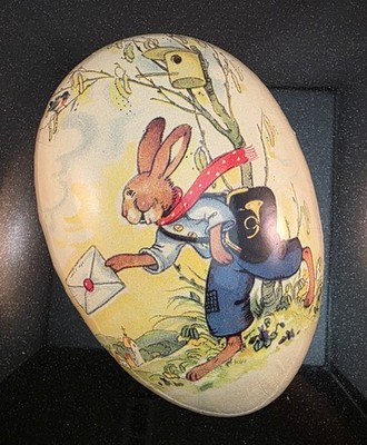 Vintage German Nestler Large 9.5'' Egg Paper Mache Easter Bunny Delivering Mail 