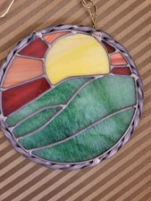 Vtg Stained Slag Glass Sunrise/Sunset Colorful Stained Glass Suncatcher No Chain