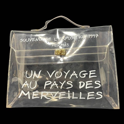 HERMES Kelly Handbag Clear Transparent Vinyl Width 40cm Yellowing at Seams