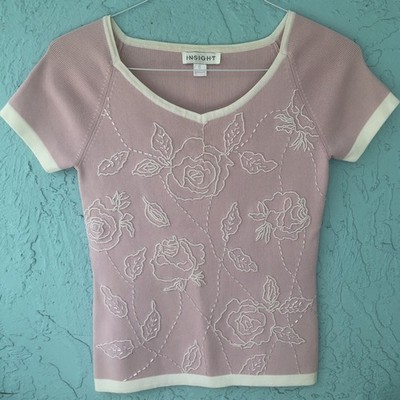 Insight vintage pink top with white glass beading and embroidered rose Sz S