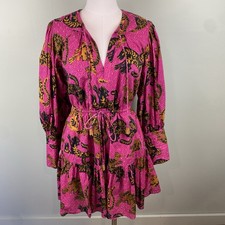 Farm Rio Magenta Wild Leopard Cotton Peasant Mini dress Tropical size Small