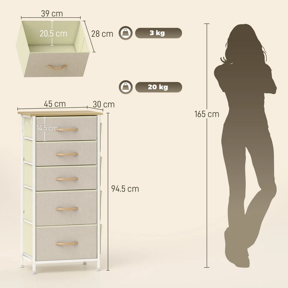 HOMCOM Fabric Chest of Drawers, 5 Drawer Dresser for Bedroom, Beige - Image 3 of 4