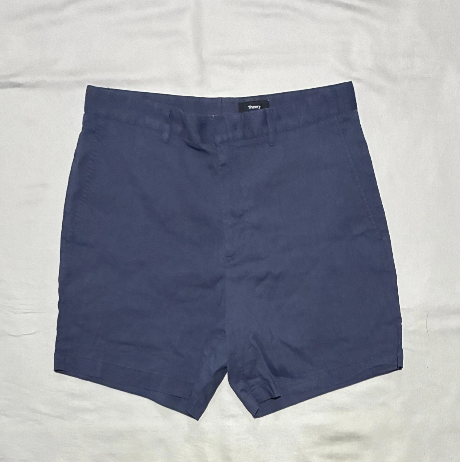 Theory Shorts Mens 31 Blue Linen Viscose Chino Stretch Casual Summer 7 Inseam